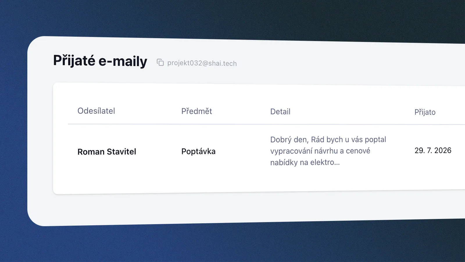 Příchozí e-mail se stává součástí časové osy a kontextu projektu, včetně příloh